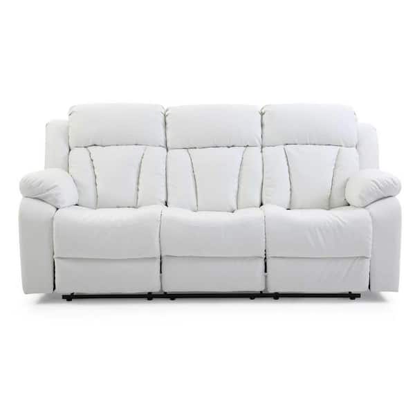 AndMakers Daria 85 in. W Flared Arm Faux Leather Straight Reclining Sofa in White