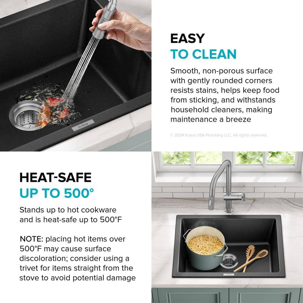 24-Inch Black Granite Drop-In Single Bowl Kitchen Sink