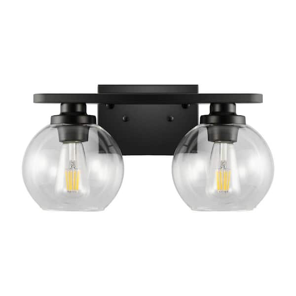 16 in. 2-Light Industrial Matte Black Bathroom Vanity Light, Open Globe Clear Glass Wall Sconce for Bathroom
