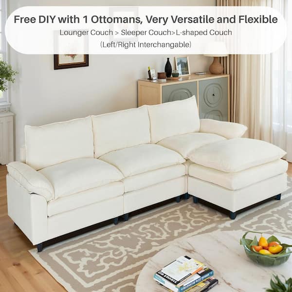 WONDER COMFORT Chic 118 in. Soft Pillowed Armrest 3-piece L Shaped Chenille Sectional Sofa Couch in Beige with 1-Ottoman TN-2127BG-3W+OT