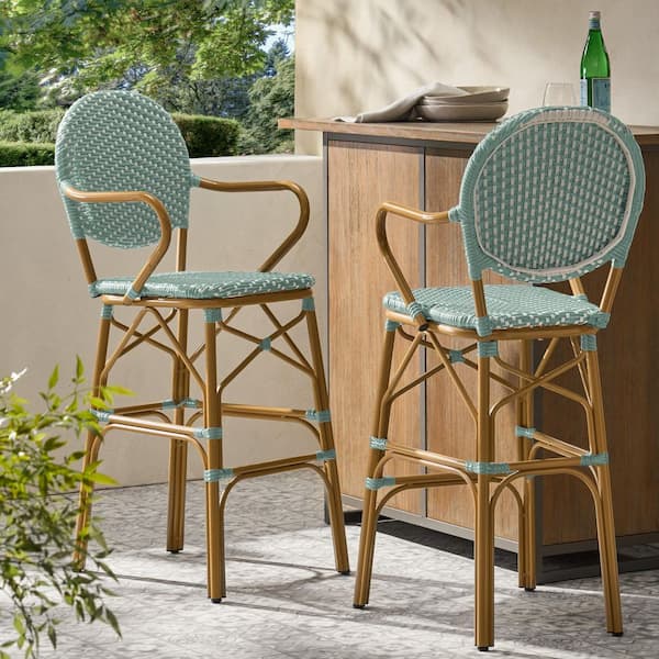 Flynama Set of 2 Outdoor Wicker and Aluminum 29.5 in. French Barstools in Teal