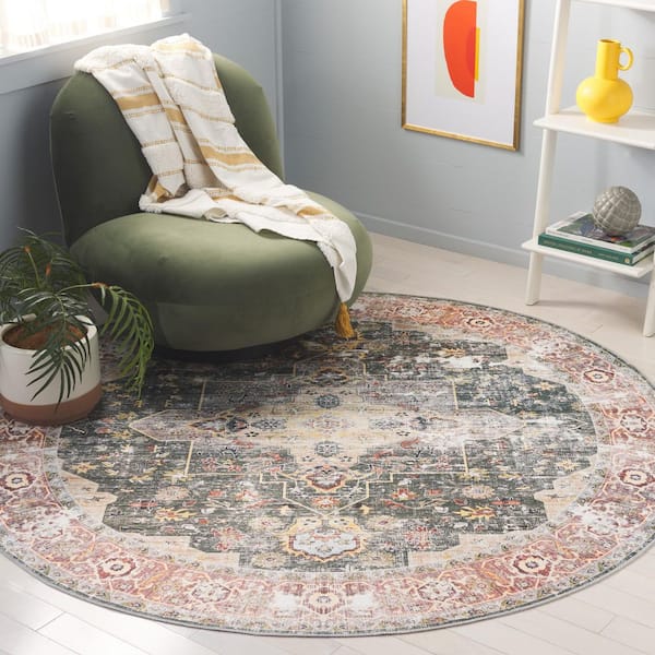 Arizona 4 ft. x 4 ft. Green/Light Brown Machine Washable Border Ornate Round Area Rug