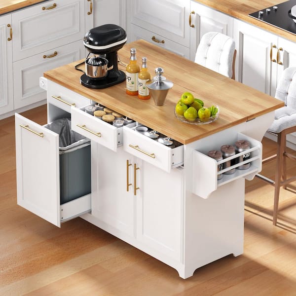 Modern White Wood 59.3 in. Drop Leaf Power Outlet Kitchen Island with Trash Can Storage and Pull Out Cabinet Organizers