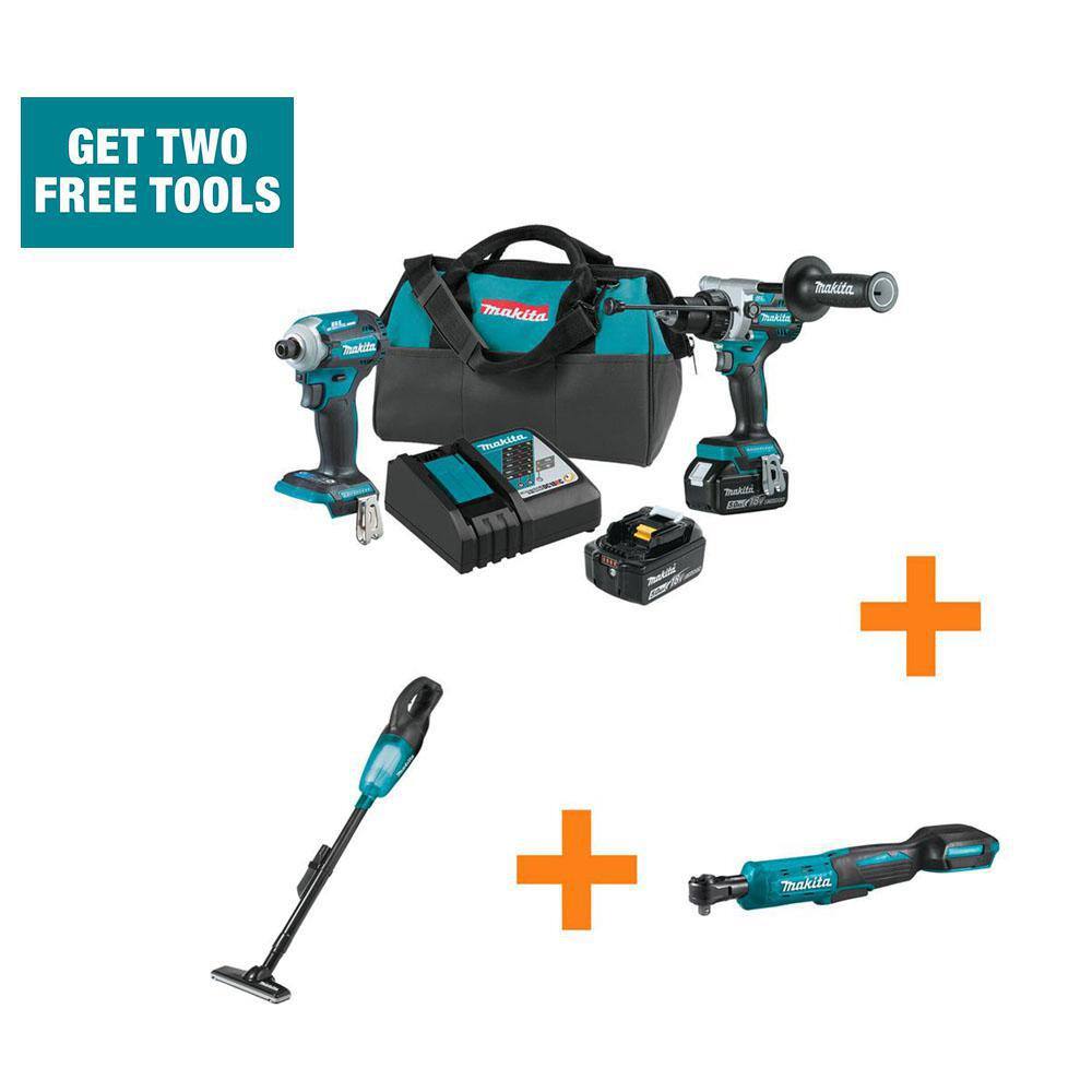 18V LXT Brushless 2-pc Combo Kit 5.0Ah with bonus 18V LXT Compact Vacuum and 18V LXT 3/8/1/4 in. Sq. Drive Ratchet -  Makita, XT288T-XLC02XRW