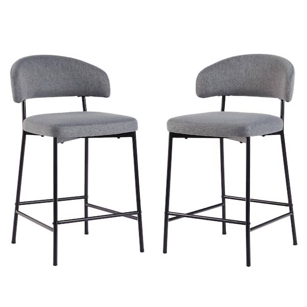 Modern 24 in Charcoal Low Back Metal Counter Stool Chenille Seat, Set of 2