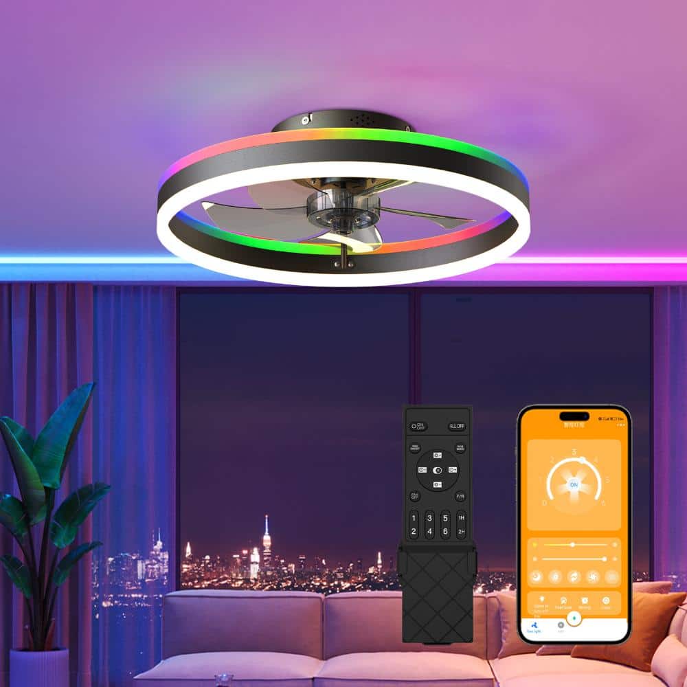 20" Ceiling Fan with Light & Remote Control, RGB Flush Mount, 6-Speed Reversible, Low Profile (Black)