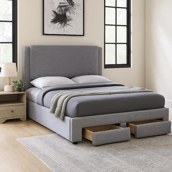 Benjara Fina Gray and Black Poplar Wood Frame Full Platform Bed with Storage Footboard