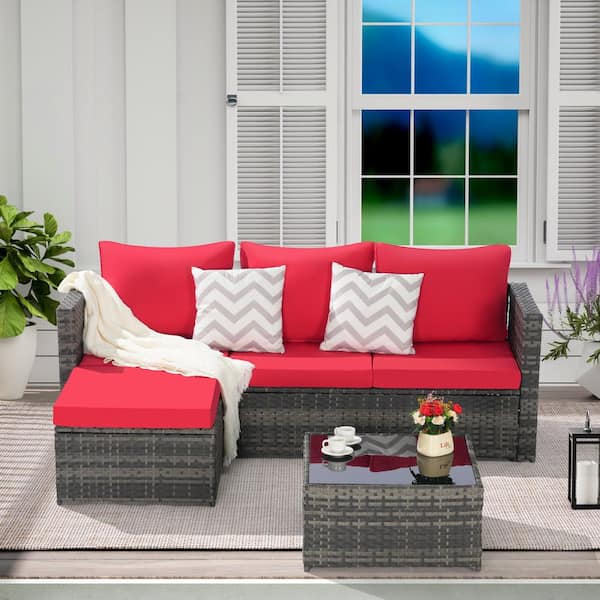 Sudzendf 2-Piece Gray Wicker Patio Conversation Set with Red Cushions, Ottoman, Detachable Lounger Table