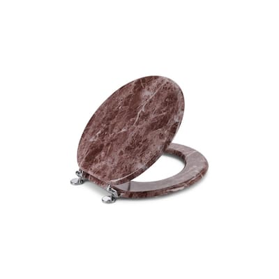 Round Closed Front Toilet Seat with Easy Clean and Change Metal Hinges in Marble Burgundy
