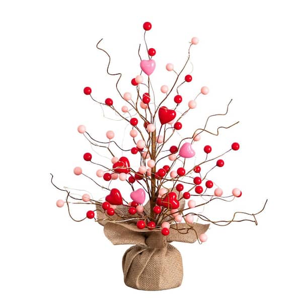 18in. Pre-Lit Artificial Valentine's Day Heart & Berry Twig Tree with 30 LED String Lights in Burlap Wrapped Base