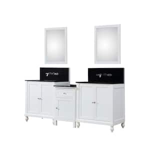 Premium Hybrid Bath Makeup 83 in. W Vanity in White with Granite Vanity Top in Black with White Basin and Mirrors