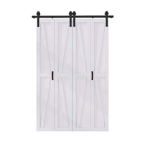 50 in. x 84 in. Assembled Bi-Fold K Shape White Primed DIY Available Solid Core MDF Sliding Barn Door with Hardware Kit