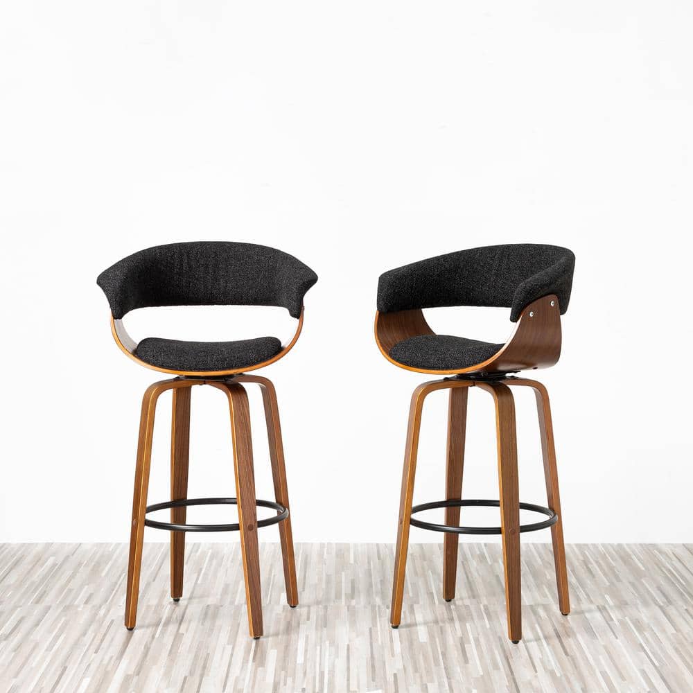 Mid-Century Modern Dark Blue Fabric Walnut Swivel Barstools, Set of 2