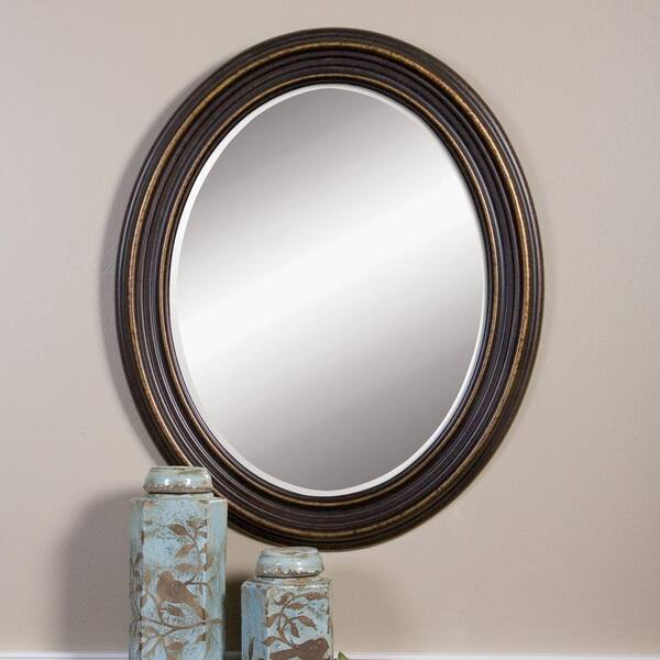 Global Direct 34 in. x 28 in. Rubbed Bronze Wood Oval Framed Mirror