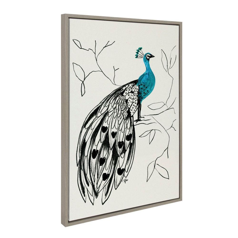Gray and Blue Peacock Canvas Print with Modern Frame, 23x33