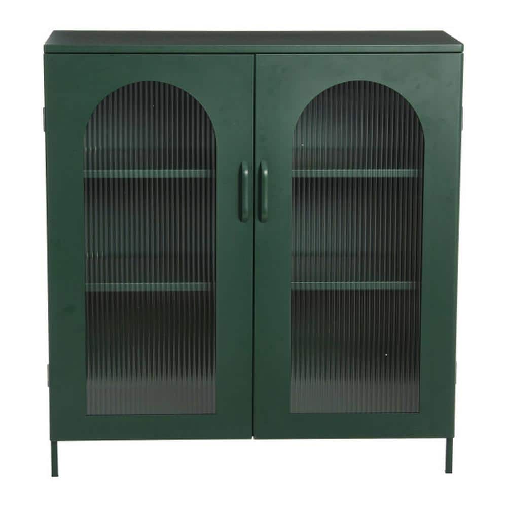 Dark Green Metal Cabinet with Adjustable Shelves and Arched Glass Doors