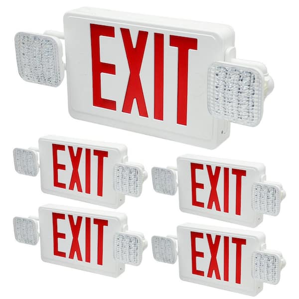 120-277-V White Integrated LED Exit Sign Emergency Light w/ 2-Square Adjustable Lamp 90-Min Backup UL Listed (4-Pack)