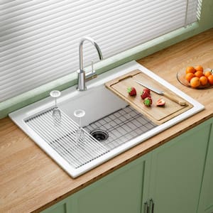 Workstation Kitchen Sink 33 in. 1-Hole Drop-In Single Bowl in White Fireclay Kitchen Sink with Cutting Board