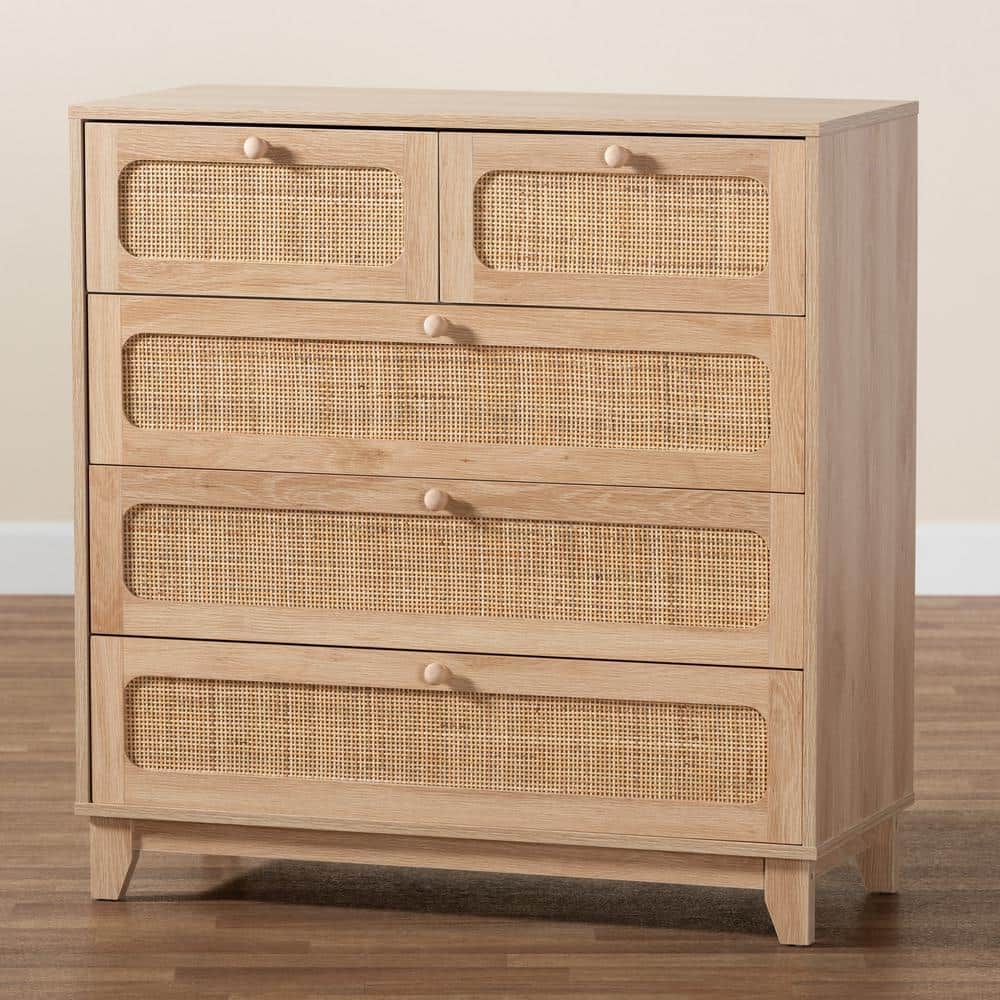 Elsbeth Oak Brown Wood and Natural Rattan 5-Drawer Storage Cabinet