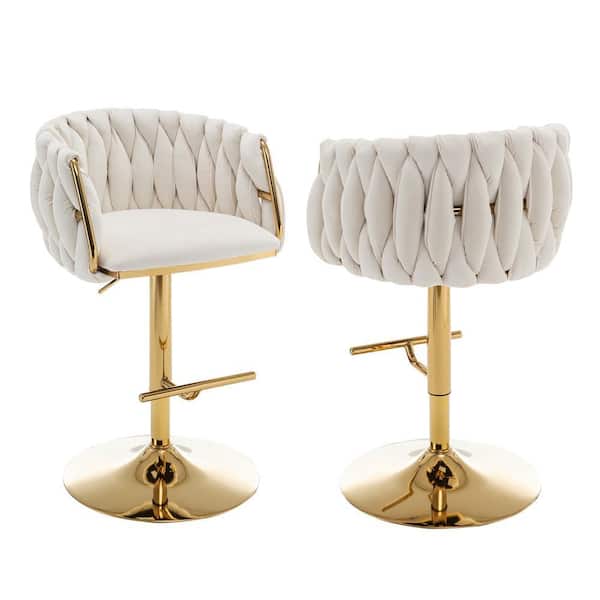 Earl 25 in. 33 in. Upholstered Cream Low Back Gold Metal Frame Adjustable Bar Stool With Velvet Fabric (Set of 2)