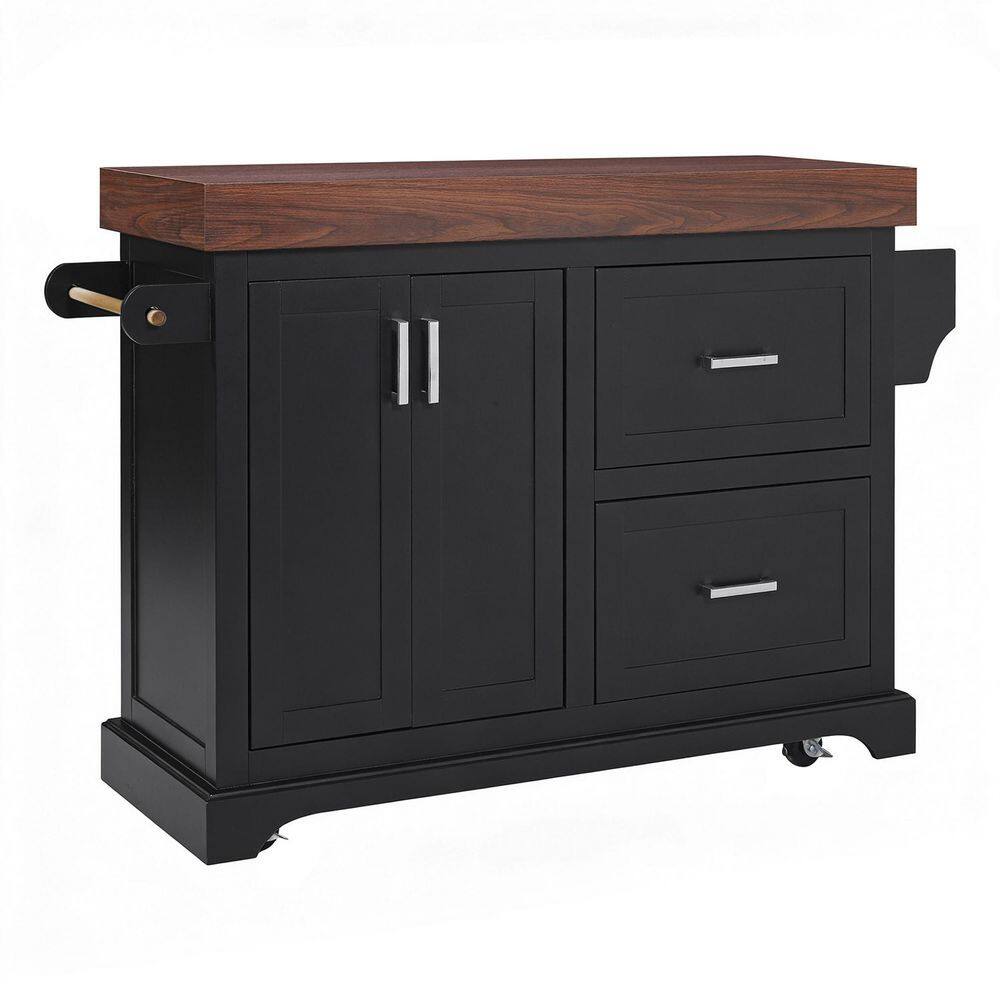 Black Wood 53.2 in. Rolling Kitchen Island with Storage on 5 Wheels and 2 Extra-large Drawers price history on PriceWatchPro