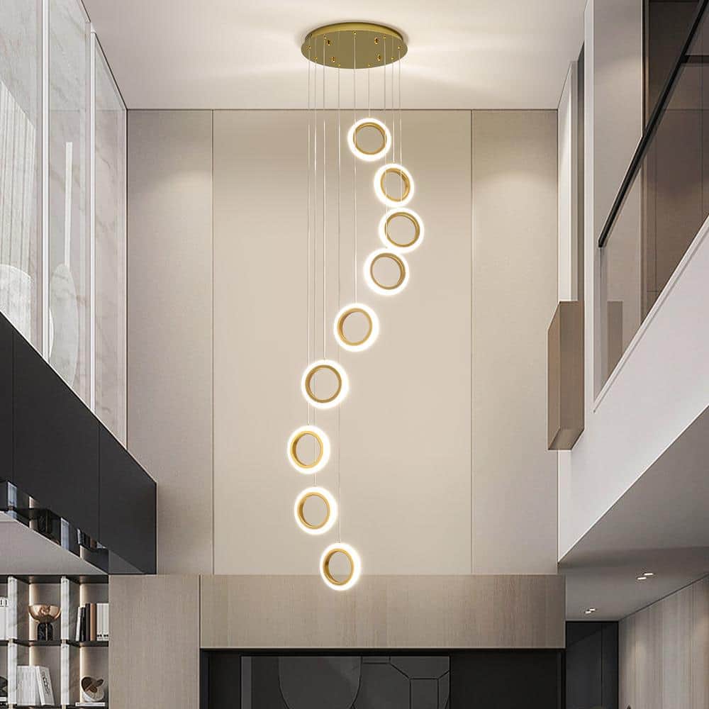 Gold Acrylic and Aluminum 9-Ring Adjustable Height Chandelier