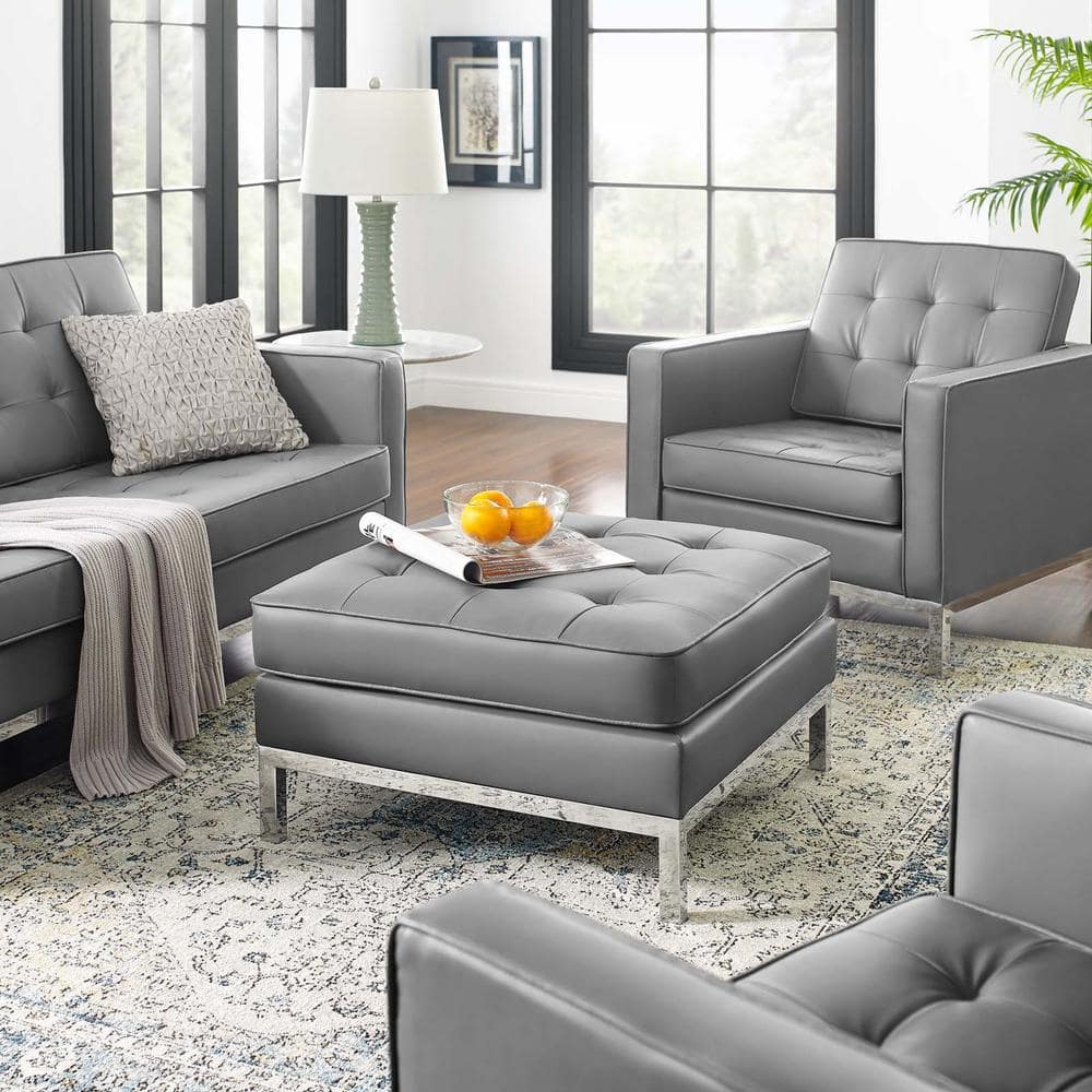 Loft Silver Gray Tufted Faux Leather Ottoman with Stainless Steel Legs