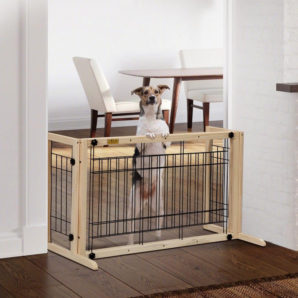 Adjustable Freestanding Beige Wood and Metal Pet Gate