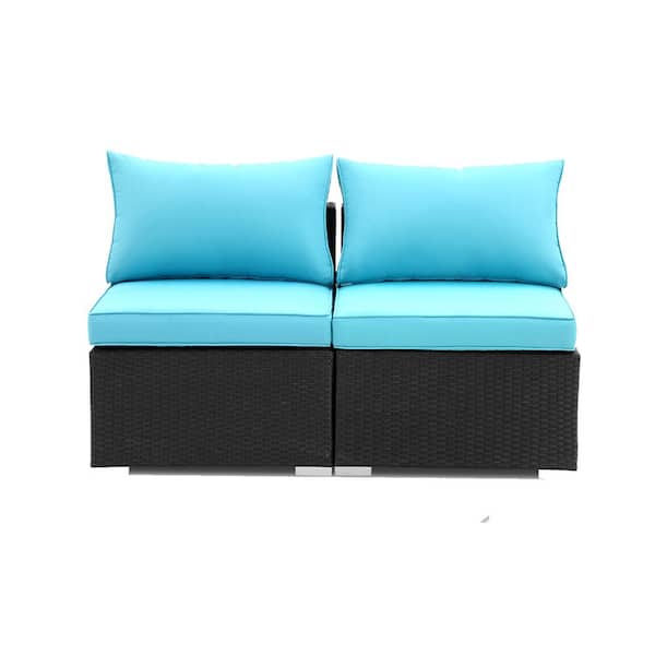 OVASTLKUY 2-Piece Wicker Rattan Sofa Conversation Set with Blue Cushion