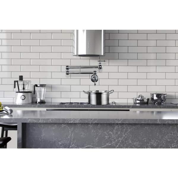 Wall Mounted Pot Filler with Double Handles and Double Joint Swing Arm in Chrome