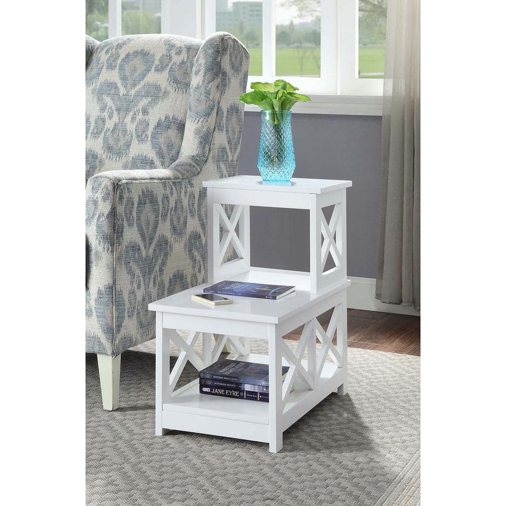 White MDF 2 Step Chairside End Table with X Side Frames