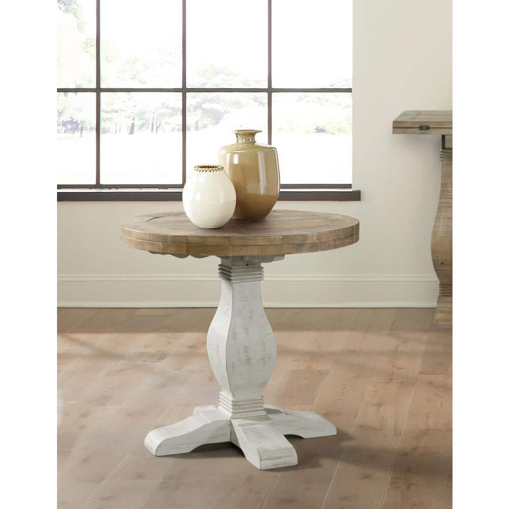 Casual Farmhouse Baluster Round End Table in Reclaimed Natural & White
