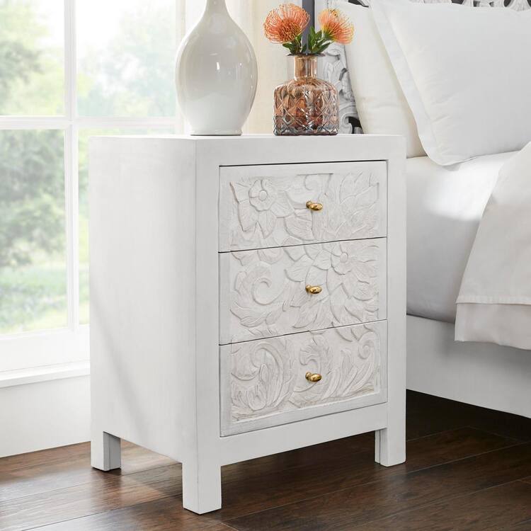 Home Decorators Collection Nadia Carved 3-Drawer Whitewash Nightstand ...