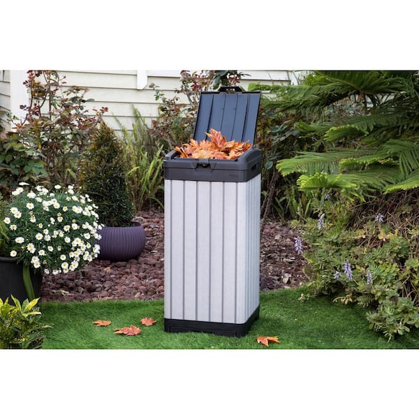 Keter Baltimore Duotech Outdoor Trash Can, Resin Wastebin, Black Woodlook 