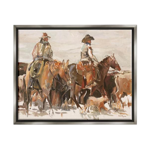 The Stupell Home Decor Collection Cowboys And Horses Farm Western Painting by Marilyn Hageman Floater Frame People Wall Art Print 21 in. x 17 in.
