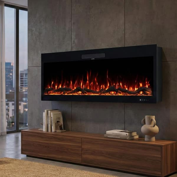60 in. Wall Mounted or Recessed Electric Fireplace with Fire Crackling Sounds, Timer and Remote, Black