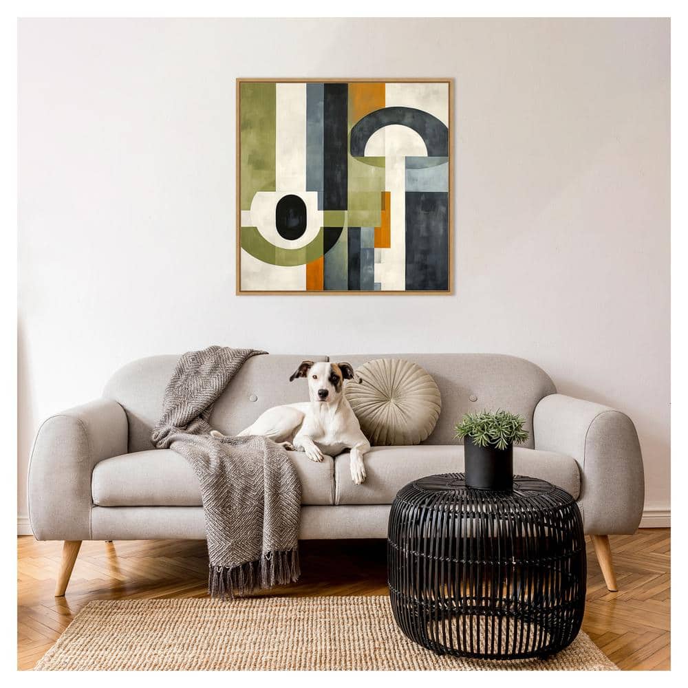 Sage Green and Orange Geometric Abstract Framed Canvas Wall Art 30"x30"