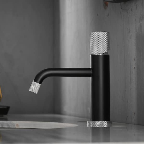 Single Hole Single-Handle Bathroom Faucet with Water Supply Lines in Matte Black and Silver