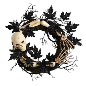 24 in. Black Skull and Bones Halloween Wreath