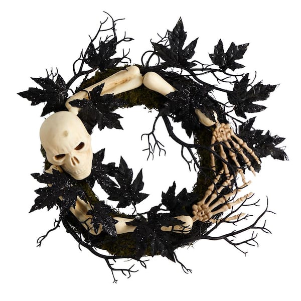 Nearly Natural 24 in. Black Skull and Bones Halloween Wreath