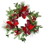 22 in. Magnolia and Red Unlit Berries Artificial Christmas Wreath