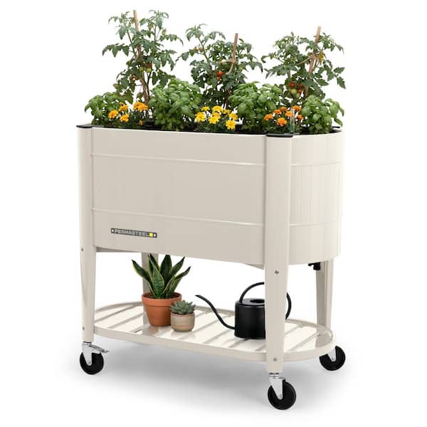39 in. L x 19.25 in. W x 14.5 in. H Raised Steel Garden Bed with EnGrow TrueSoil Technology, Storage Shelf, Ivory