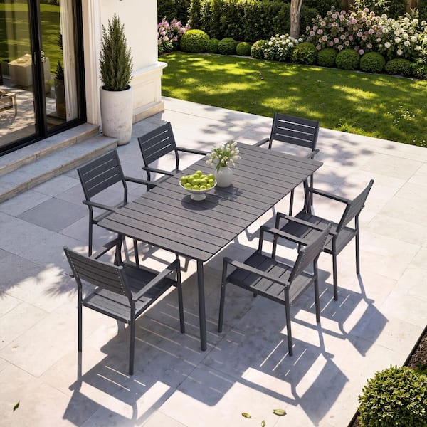 7-Piece Black 70 in. Aluminum Patio Outdoor Dining Set with Umbrella Hole and Stackable Dining Chairs