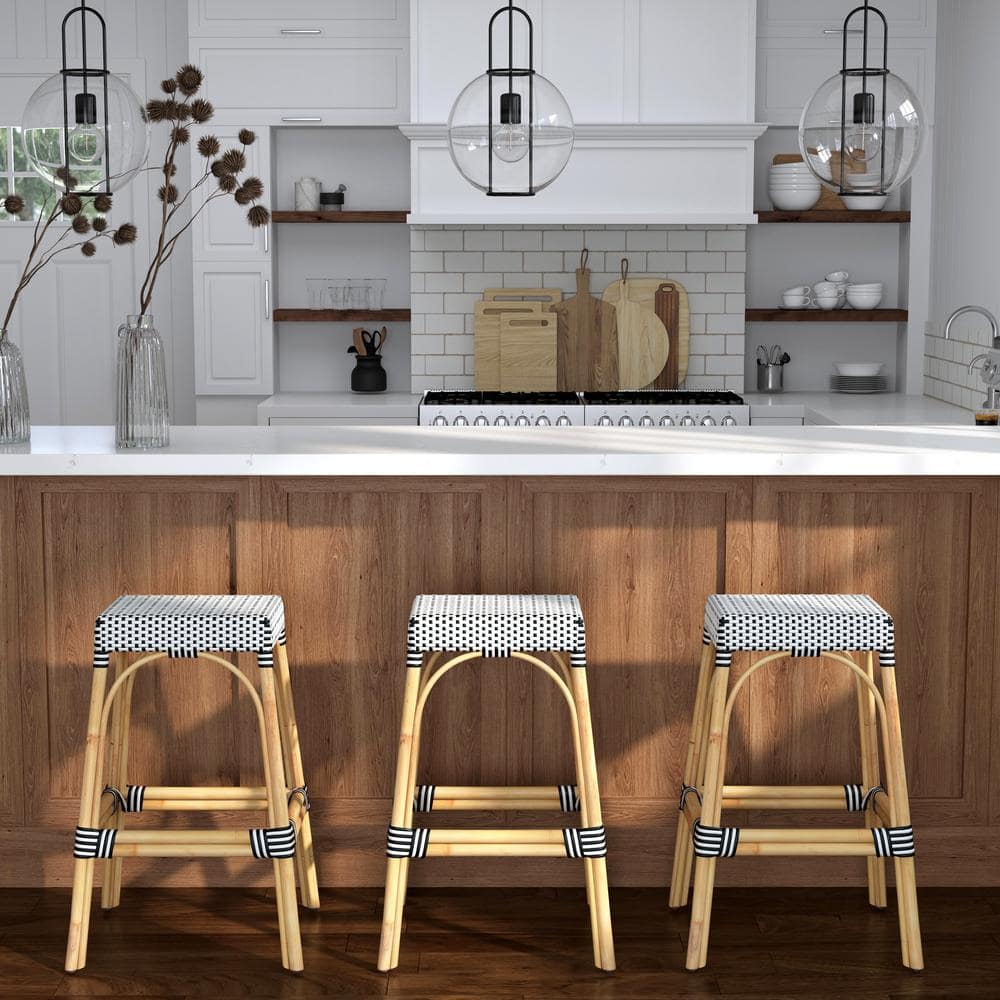 Coastal Transitional 30" White and Black Woven Rattan Bar Stool