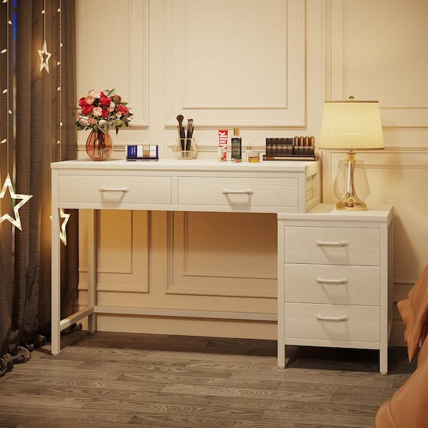 Moronia 51 in. Retangular White Computer Desk 5-Storage Drawers Home Office Study Writing Table Reversible Cabinet