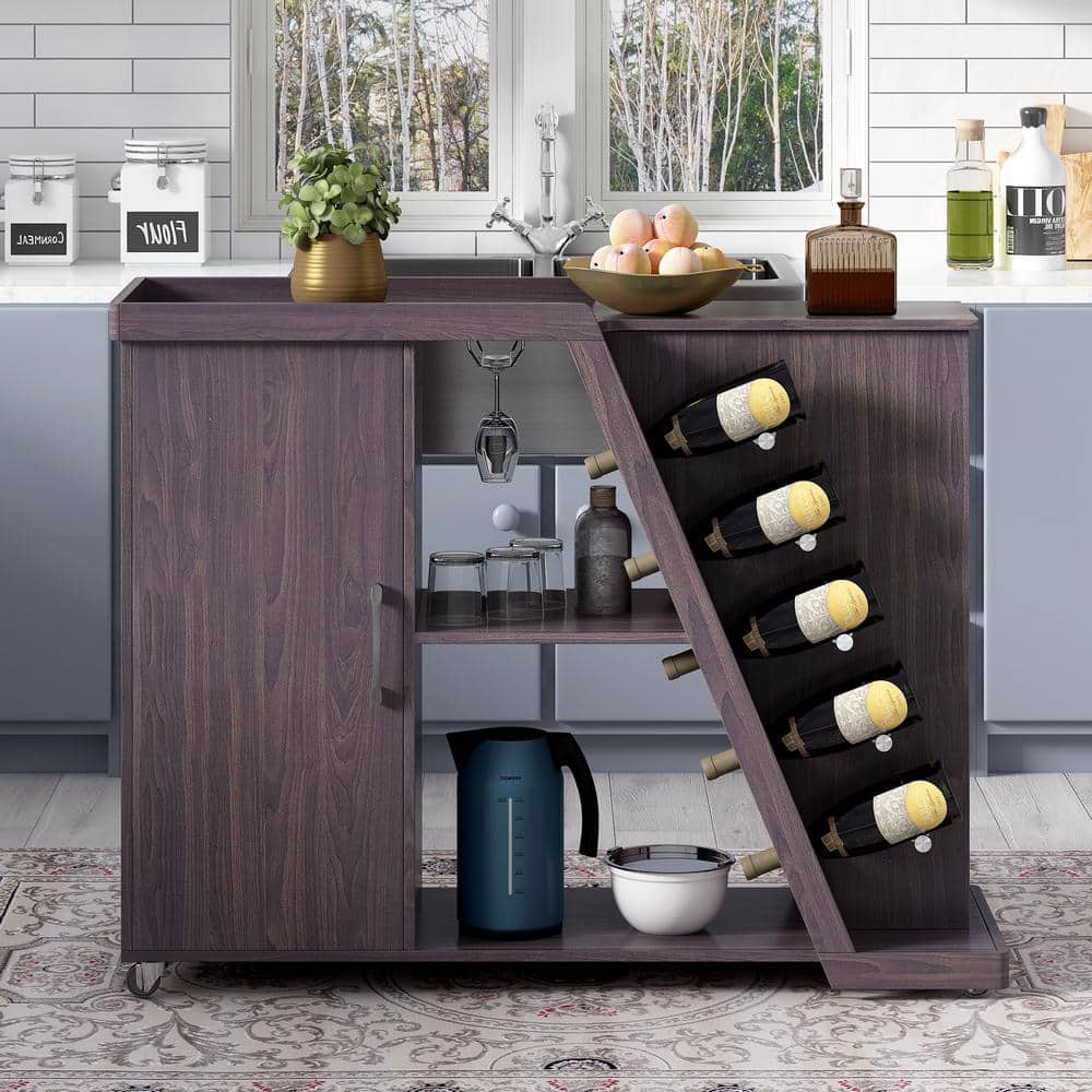 Espresso Kitchen Island Cart on Wheels with Adjustable Shelf and 5 Wine Holders SF290394AE