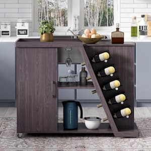 Espresso Kitchen Island Cart on Wheels with Adjustable Shelf and 5 Wine Holders