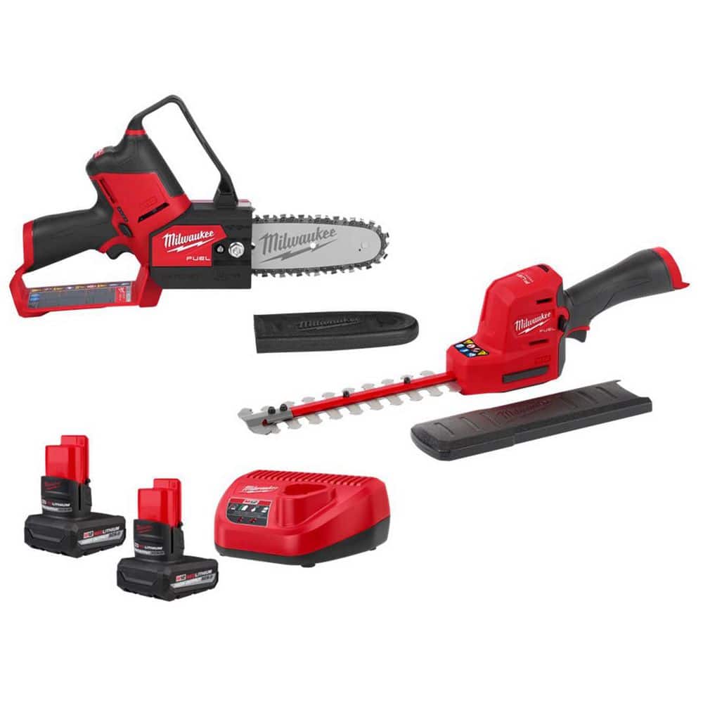 Milwaukee M12 FUEL 6 in. 12V Brushless Cordless Battery Pruning Mini Chainsaw w/ Hedge Trimmer, (2) 5.0 Ah Batteries, Charger