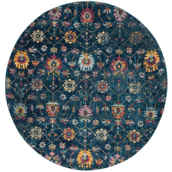 Merlot 7 ft. x 7 ft. Navy/Multi Distressed Floral Round Area Rug