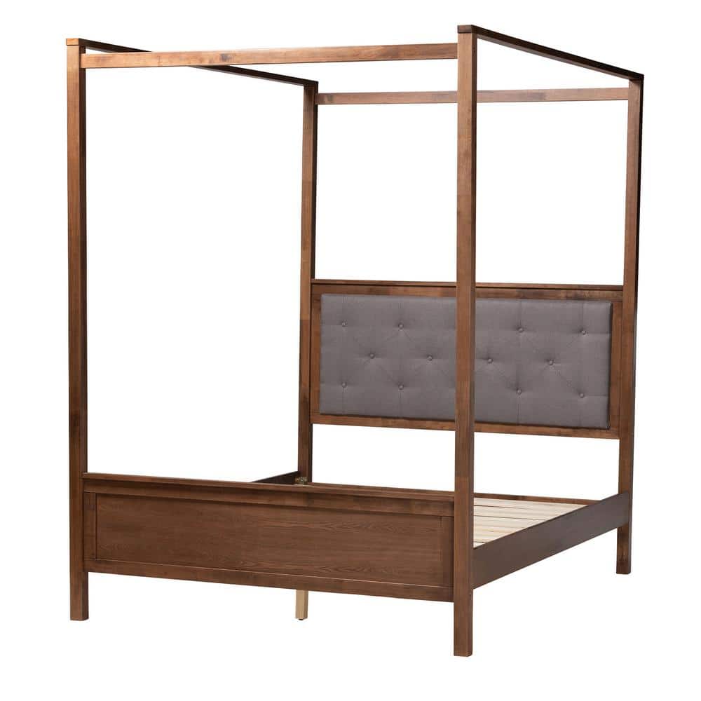Luxurious Gray Tufted Queen Platform Bed with Walnut Wood Frame